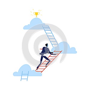 Successful Businessman Climbing Career Ladder Trying to Grab the Star Above Clouds, Path to Success, Leadership Vector
