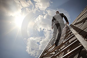 Successful Businessman Climbing High Ladder against Concrete Wall, Gazing at the Expansive Sky.