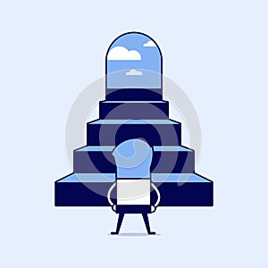 Successful businessman climbing steps. Cartoon character thin line style vector