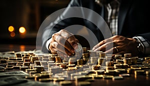 Successful businessman counting money, strategizing wealth, holding gold coin generated by AI