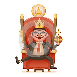 Successful businessman cute cheerful king crown ruler on throne crown on head power and scepter in hands cartoon
