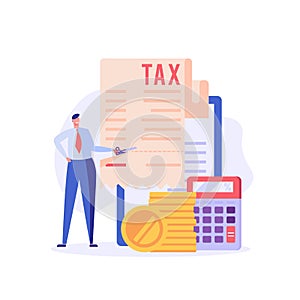 Successful businessman cuts heavy taxes with scissors. Tax deduction. Concept of tax return, optimization, duty, financial