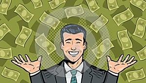 Successful businessman and dollars. Wealth, winning, success or earnings concept. Cartoon in pop art retro comic style