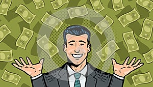 Successful businessman and dollars. Wealth, winning, success or earnings concept. Cartoon in pop art retro comic style photo
