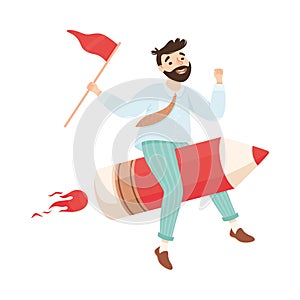 Successful businessman flying on pencil with flag. Business success, creative idea, innovation, start up concept cartoon