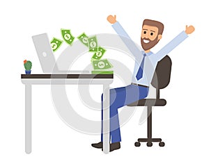 Successful businessman with green banknote money fan making thumbs up gesture sitting on office desk with laptop