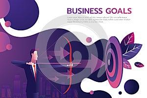 Successful businessman hold arrow in hand, achievement goal. Aim in business concept. Target isolated background. Vector
