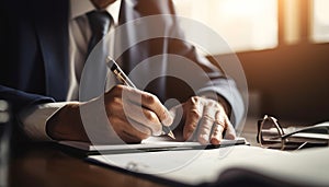 Successful businessman holding pen, working at desk in office generated by AI