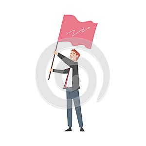 Successful Businessman Holding Red Waving Flag, Leadership, Competitive Advantage Business Concept Cartoon Style Vector