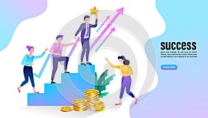 Successful businessman holds the gold star on graph. Winning of competition. Vector illustration flat style