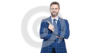 Successful businessman isolated white. Professional occupation of businessman. Business boss portrait of man. Point
