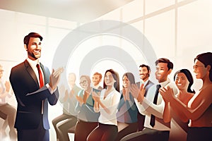 Successful businessman leader congratulates office workers. Men and women in business suits clap their hands. Concept: Profitable