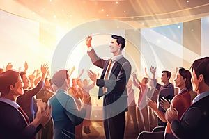 Successful businessman leader congratulates office workers. Men and women in business suits clap their hands. Concept: Profitable