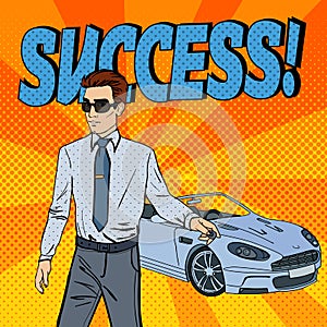 Successful Businessman. Man Holding a Car Key. Pop Art