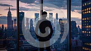 A successful businessman in a modern office building, looking out of the window at the city skyline,
