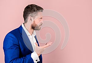 Successful businessman motivational inspiring speech pink background copy space. Businessman motivating colleagues. Man