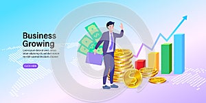 Successful businessman pointing at chart going up. Graph to success. Business growing. Vector flat design illustration.