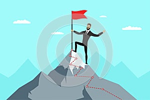 Successful businessman with red flag on mountain peak. Business man climbing up on top career ladder. Male goal
