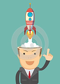 Successful businessman with rocket ship launching from his head.