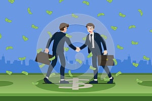 Successful businessman shaking hands. Business people making success deal about money investment concept in the money rain drop of