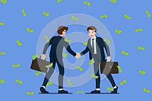 Successful businessman shaking hands. Business people making success deal about money investment concept in the money rain drop of