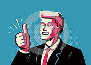 Successful businessman showing thumbs up. Business success concept. Vector illustration in pop art comic style