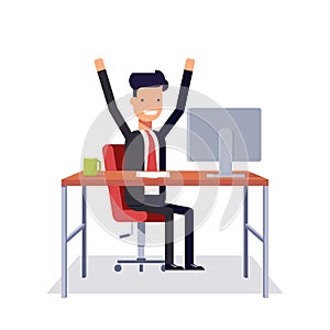 Successful businessman sitting in a chair at a desk. Man rejoices results in a business suit.