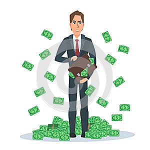 Successful businessman standing near a pile of money Dollars