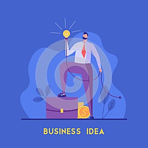 Successful businessman standing with plugged in lamp. Creative director with business  idea. Concept of startup, innovation,