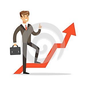 Successful businessman standing on success graph with a red arrow, vector Illustration