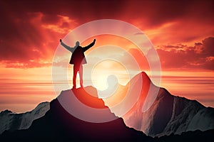 Successful businessman standing on top of a mountain and looking at the sunrise. Generative AI