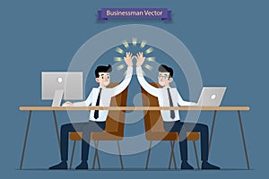 Successful businessman, teamwork working together by using computer and laptop giving high-five, congratulation each other after