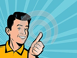 Successful businessman with thumb up. Retro comic pop art vector illustration