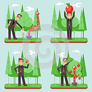Successful Businessman Watering Growth Infographic Set Flat Design Vector illustration
