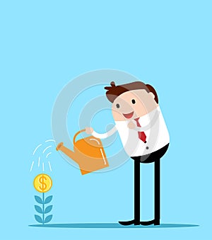 Successful Businessman Watering Money Tree Sprout