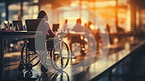 Successful businessman in wheelchair working in modern office with copy space on blurred background