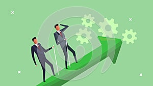 Successful businessmen team climbing arrow with gears