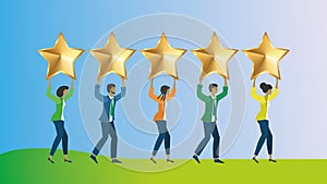 Successful businesspeople walking with five golden stars. Vector illustration.