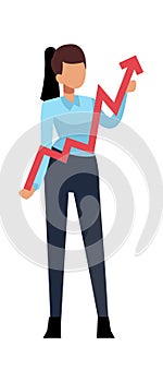 Successful businesswoman and arrow. Business woman holds growing chart. Vector achieving character