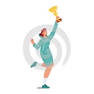 Successful Businesswoman in Casual Dress Jump with Golden Goblet in Hand Celebrating Victory in Competition