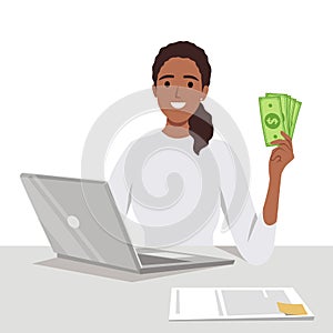 Successful businesswoman with green banknote money