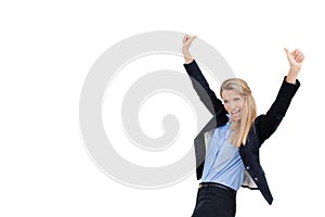 Successful businesswoman holding arms up, success!