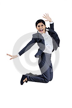 Successful businesswoman jumping isolate on white