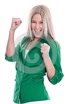 Successful businesswoman - jumping for joy with fists isolated