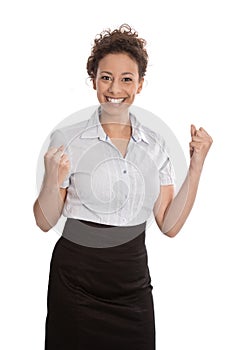 Successful businesswoman - jumping for joy with fists isolated