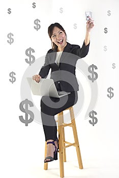 Successful businesswoman smile and very happy because got money from success new project on white dollar background