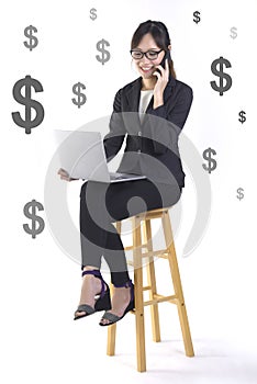 Successful businesswoman smile and very happy because success in the new project on white dollar background