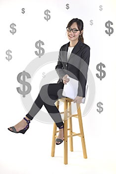 Successful businesswoman smile and very happy because success in the new project on white dollar background