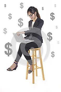 Successful businesswoman smile and very happy because success in the new project on white dollar background