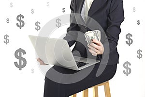 Successful businesswoman very happy because got money from success new project on white dollar background